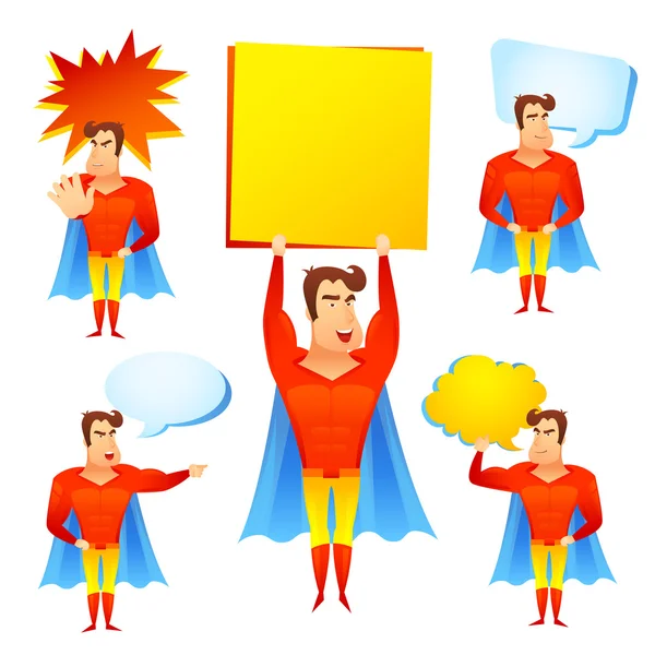 Personaje de dibujos animados de superhéroe con burbujas de habla — Archivo Imágenes Vectoriales