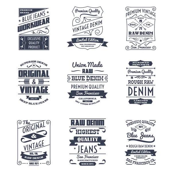 Denim tipografia logotipo emblemas conjunto — Vetor de Stock