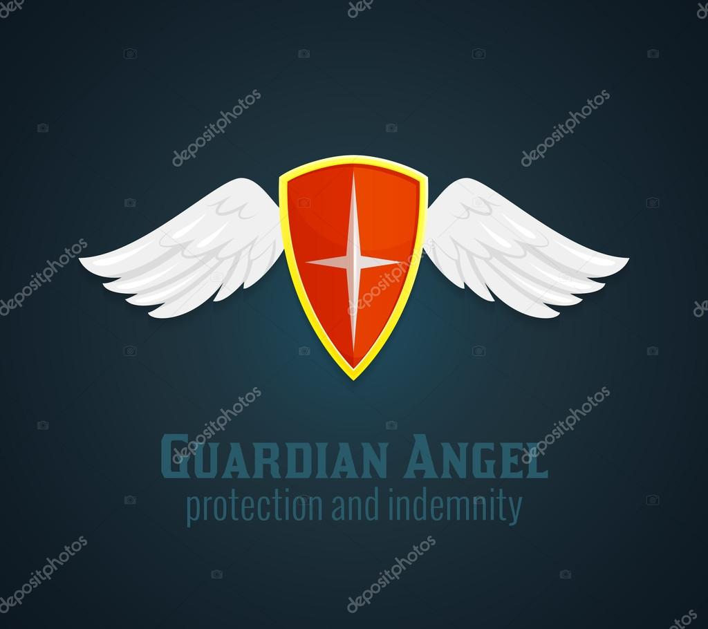 Antique medieval shield and wings icon with guardian angel protection and indemnity text flat vector illustration