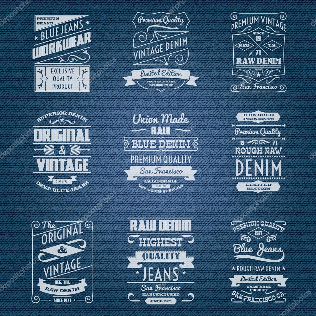 Denim jeans white typography labels — Stock Vector © macrovector #69394081