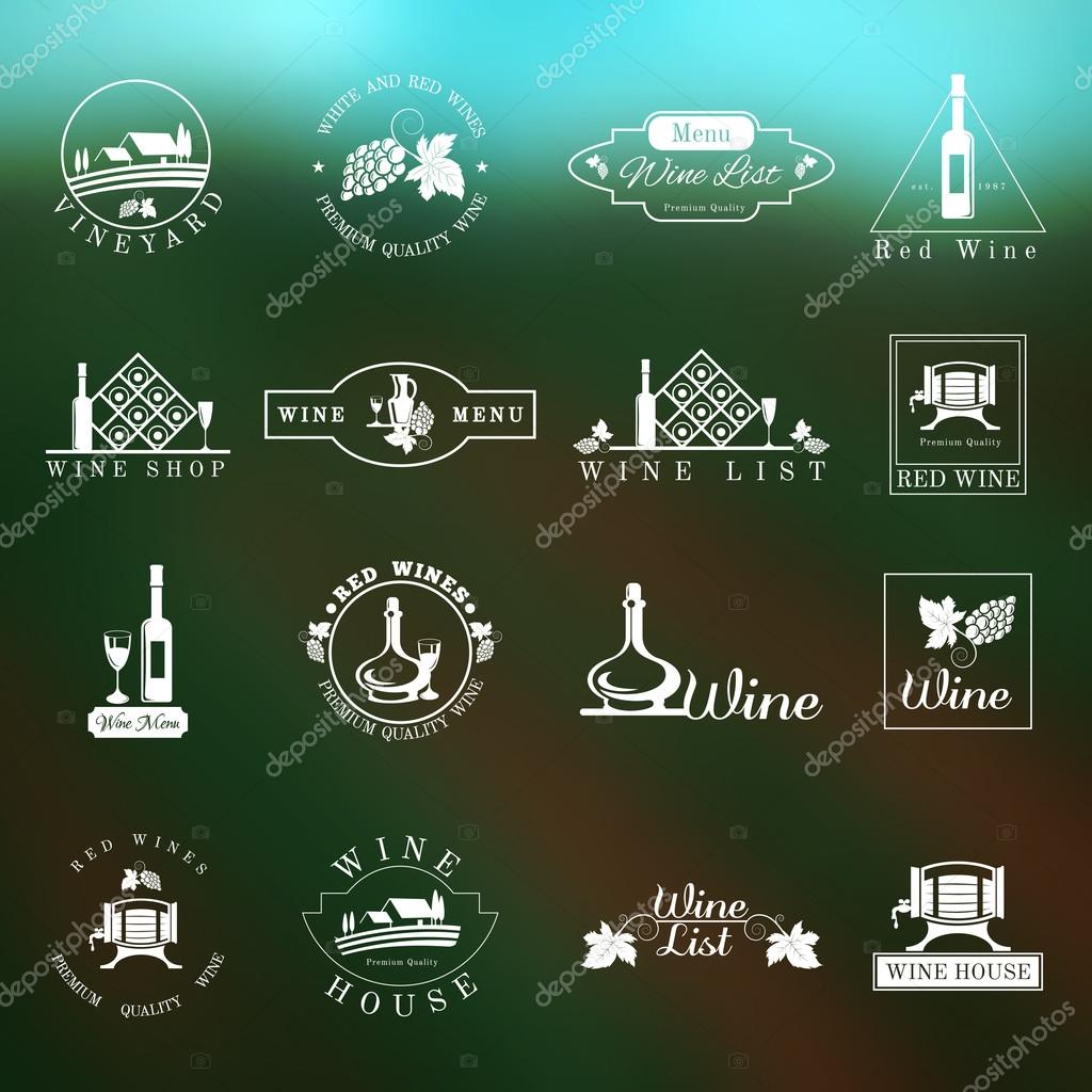 Wine house menu list logo design stamps set isolated vector illustration