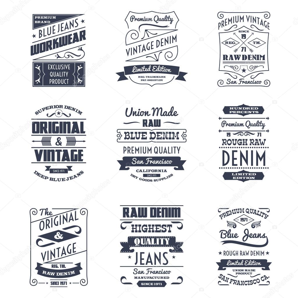 Denim typography logo emblems set