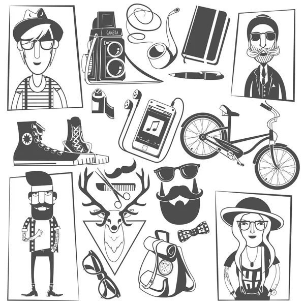 Hipster black icons composition print — Stock Vector