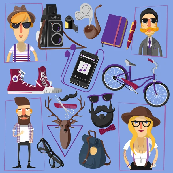 Hipster iconos planos póster de composición — Vector de stock