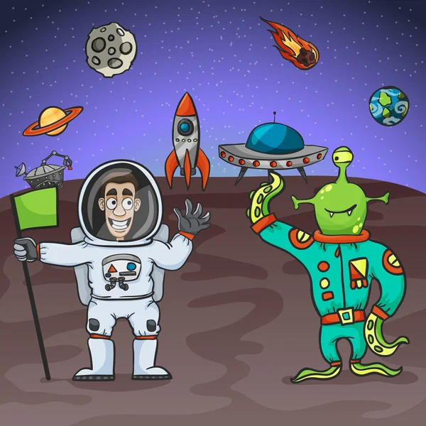 Astronauta y extraterrestre — Vector de stock