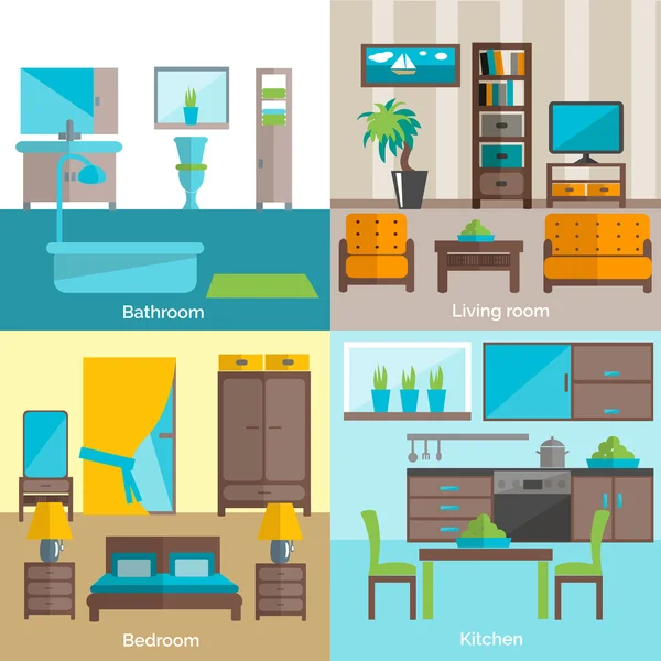 Habitaciones interiores amueblando 4 iconos planos — Vector de stock