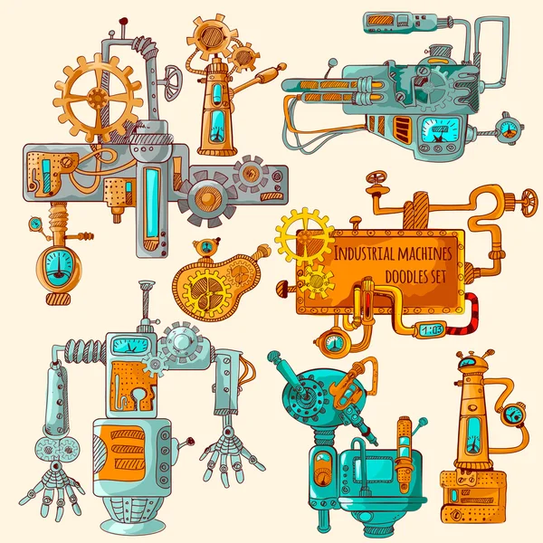 Przemysłowe maszyny Doodles kolorowe — Wektor stockowy