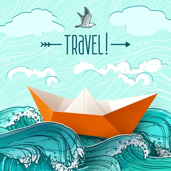 Paper Ship On Waves — Stock Vector