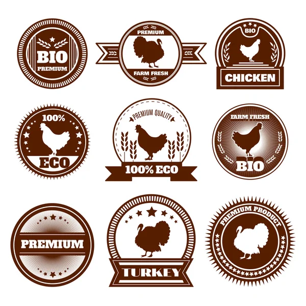 Eco farm chicken turkey emblems — Stock Vector