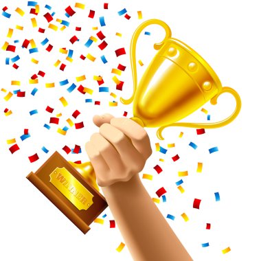 Hand holding a winner trophy cup award clipart