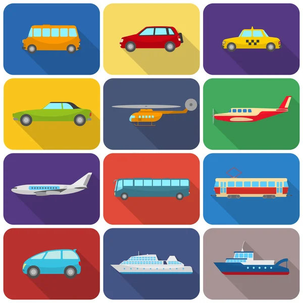 Iconos de transporte multicolores planos — Vector de stock