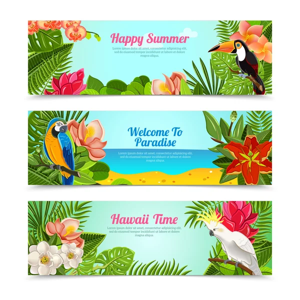 Isla tropical flores pancartas horizontales conjunto — Vector de stock