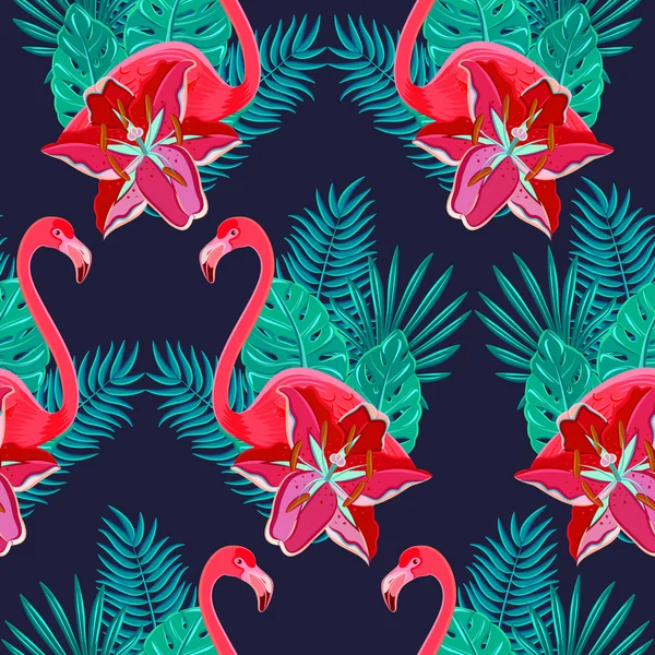 Flamingo lilies colorful seamless pattern — Stock Vector