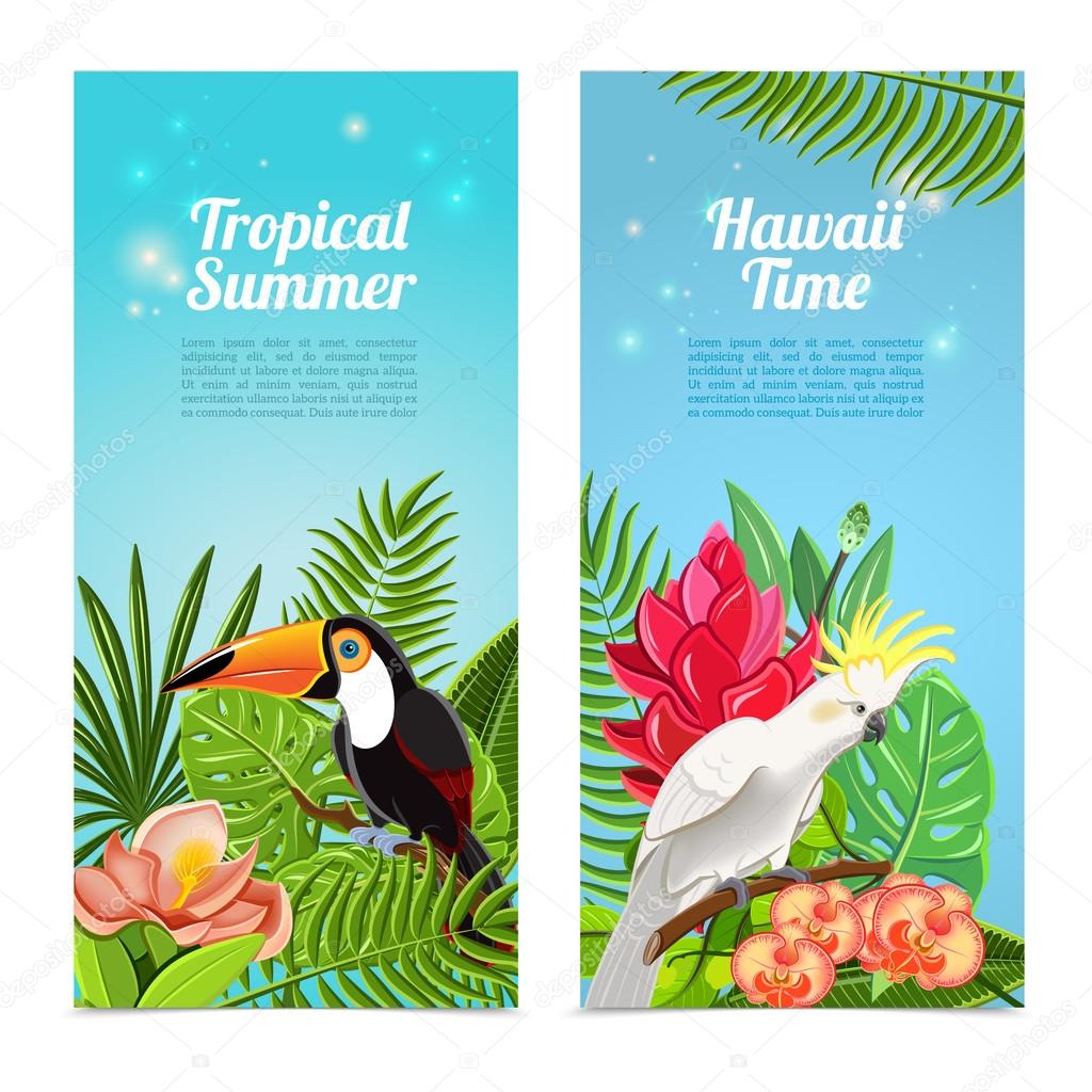 Tropical island birds vertical banners set