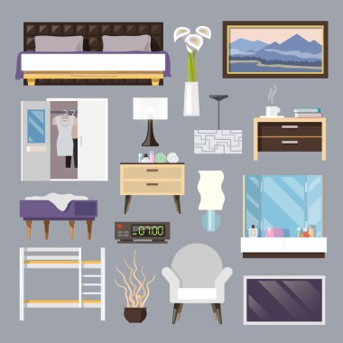 Yatak odası mobilya düz Icons Set