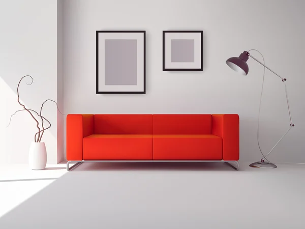 Canapé rouge avec cadres et lampe — Image vectorielle