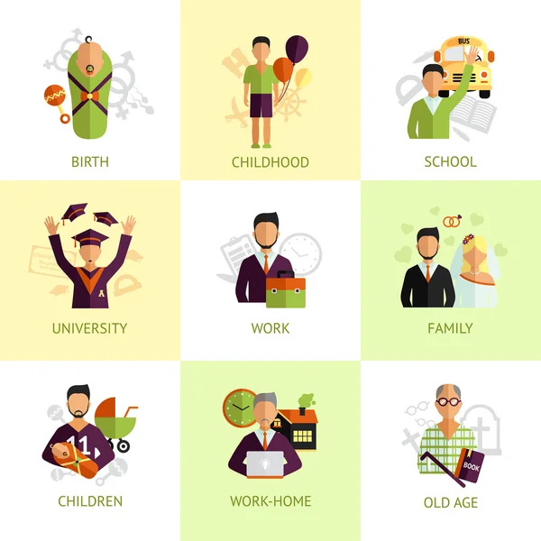 Vida humana etapas iconos conjunto plano — Vector de stock