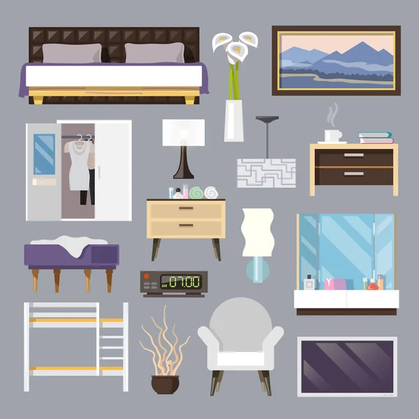 Yatak odası mobilya düz Icons Set — Stok Vektör