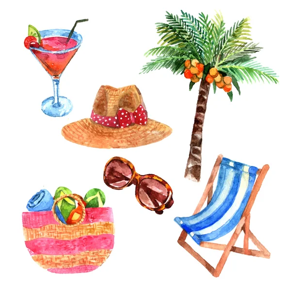 Tropical vacation travel watercolor icons set — Stock Vector