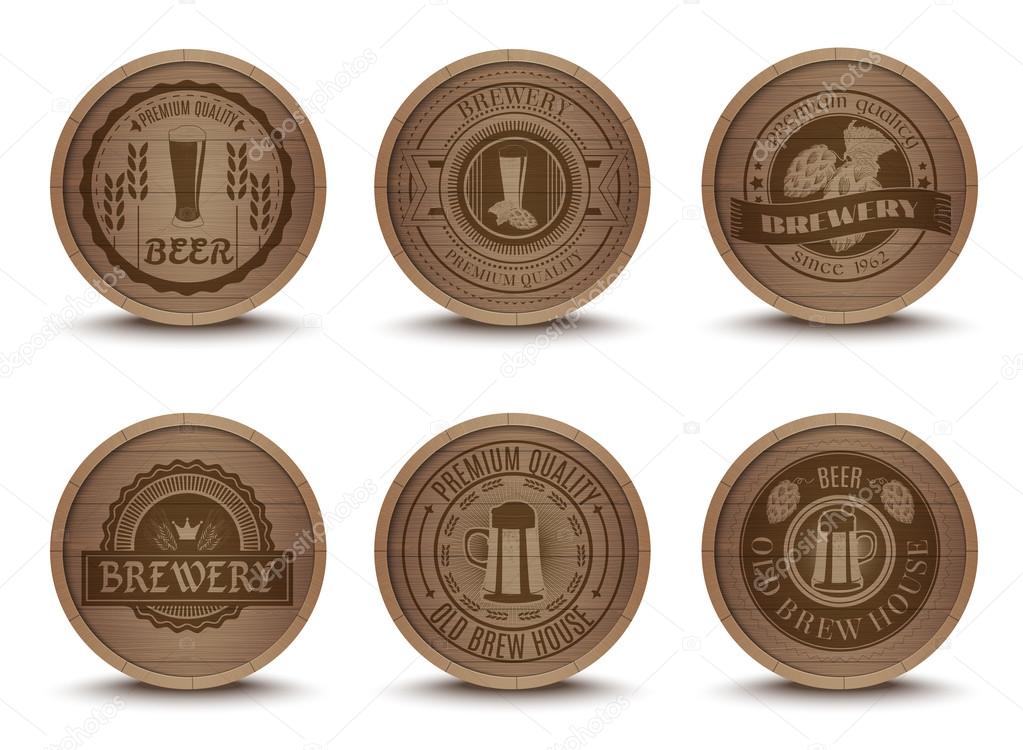 Wooden beer emblems mats icons set