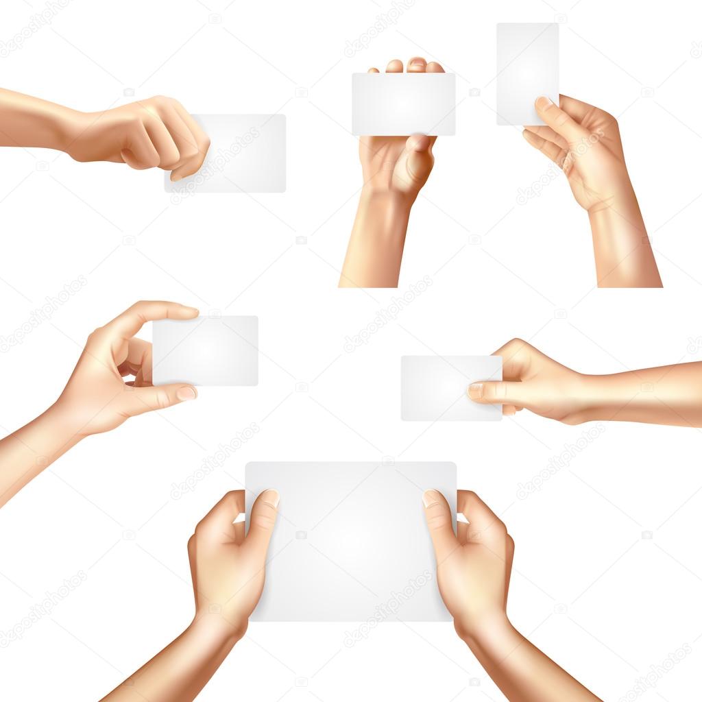 Hands holding blank cards poster