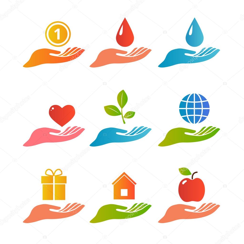 Hands and palm up concept with various objects logo set flat isolated vector illustration