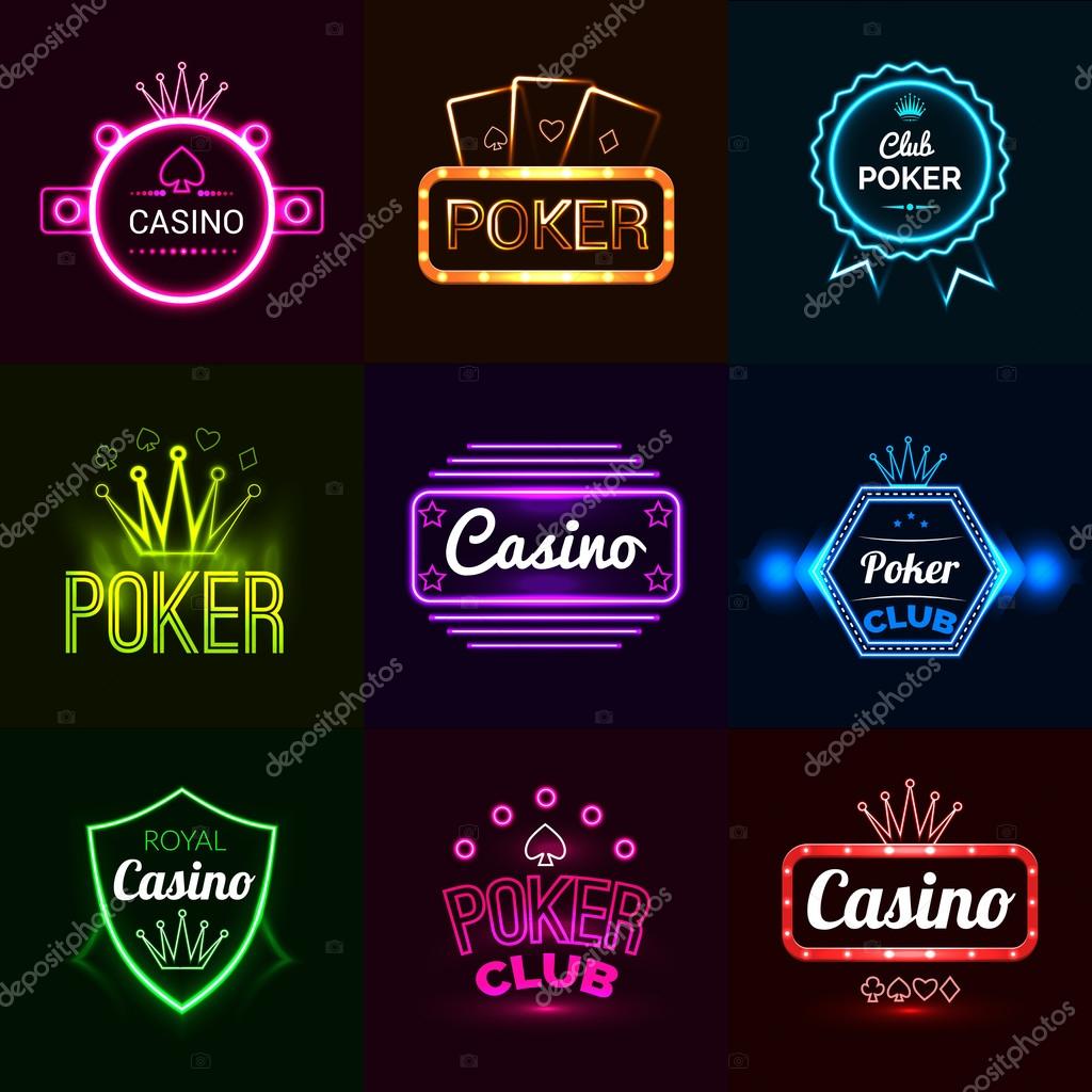 Neon light poker club and casino emblems set isolated vector illustration