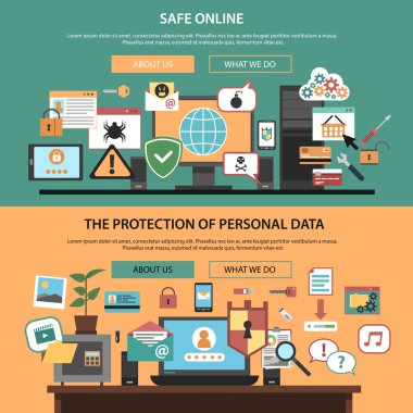 Computer safety horizontal banners set flat