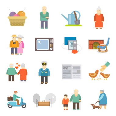 Pensioners life flat icons set 
