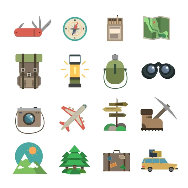 Conjunto de iconos de senderismo plano — Vector de stock