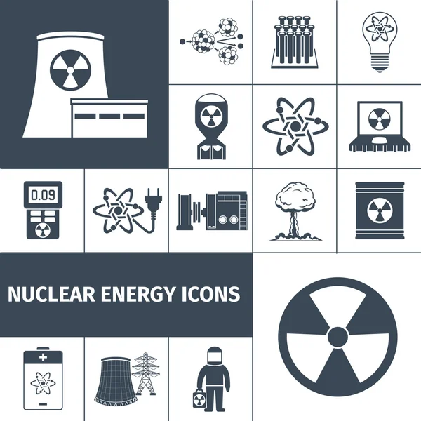 Ícones de energia nuclear conjunto preto —  Vetores de Stock