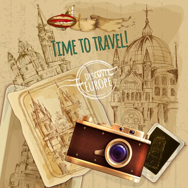 Europa Viaggio con fotocamera Vintage Poster — Vettoriale Stock