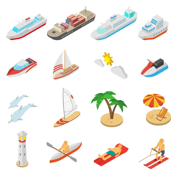 Bateau et icônes de vacances à la plage ensemble — Image vectorielle