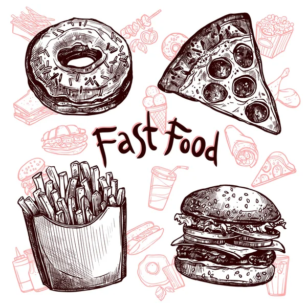 Fastfood und Getränke Sketch Set — Stockvektor