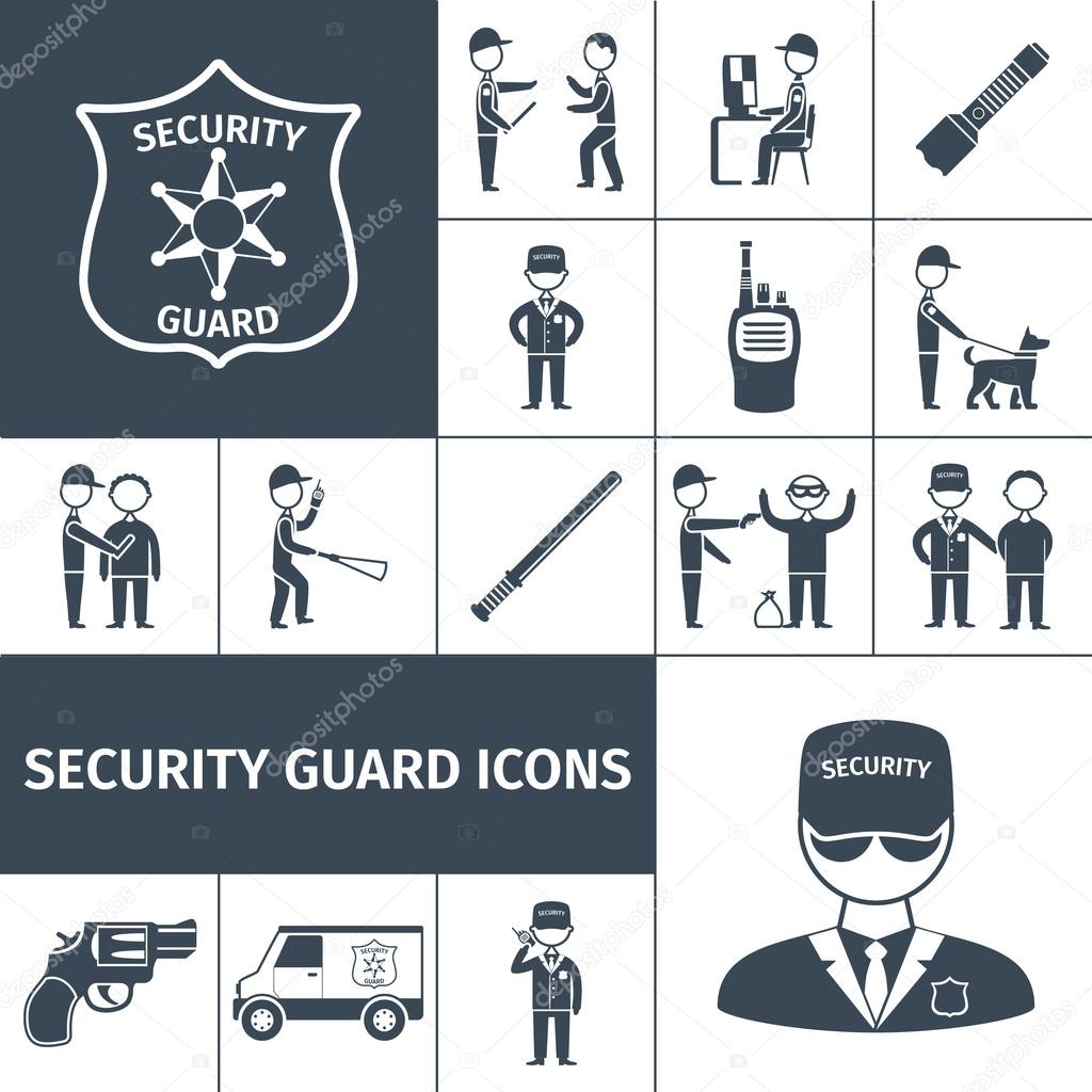 Security guard black icons set