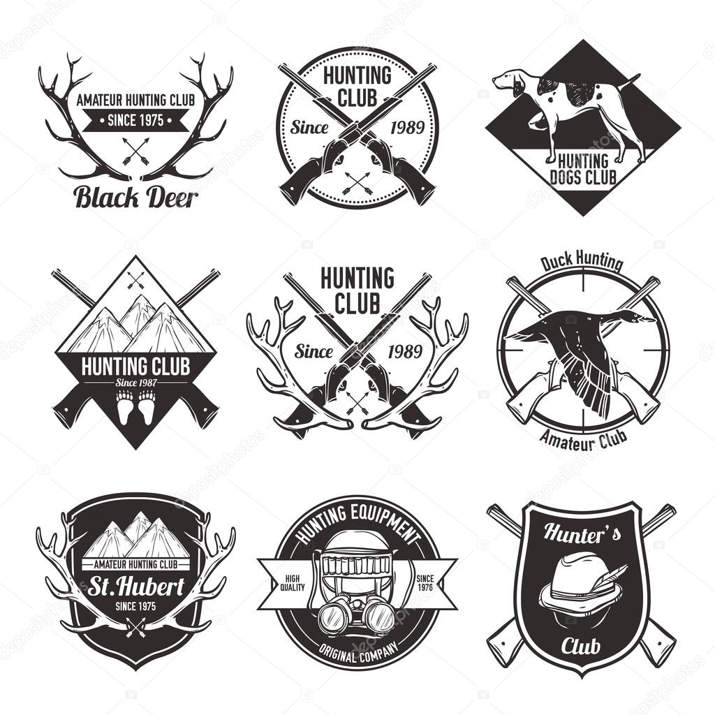 Vintage hunting with dog duck mountain and gun labels set isolated vector illustration