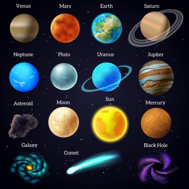 Cosmos stars planets galaxy icons set 