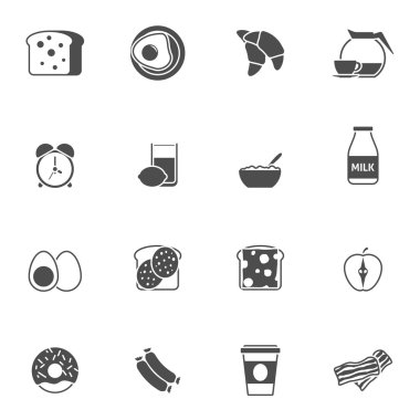 Breakfast and morning black white icons set 