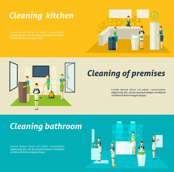 Cleaning In Rooms Flat Banners Set — Stok Vektör