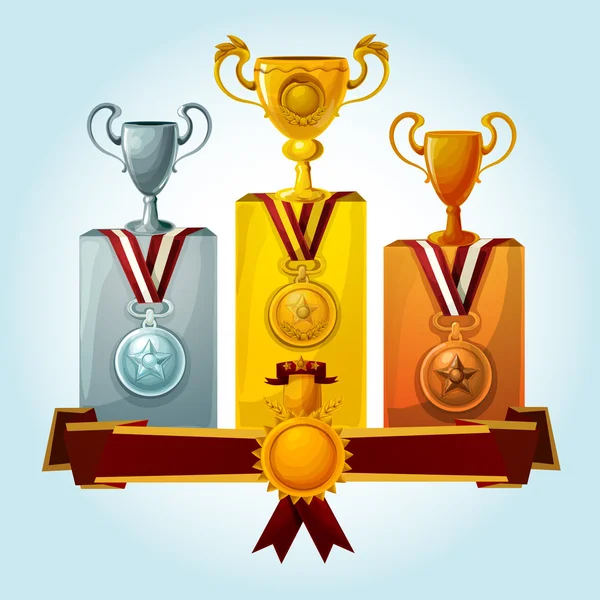 Trophies On Podium — Stock Vector