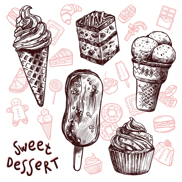 Ice Cream And Cakes Sketch Set — Stock Vector