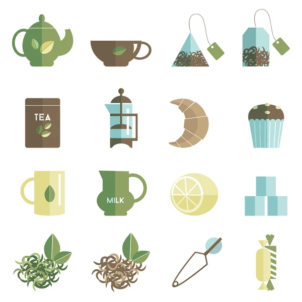 Conjunto de iconos de hora del té plana — Vector de stock