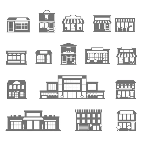 Conjunto de iconos blancos negros tiendas y centros comerciales — Vector de stock