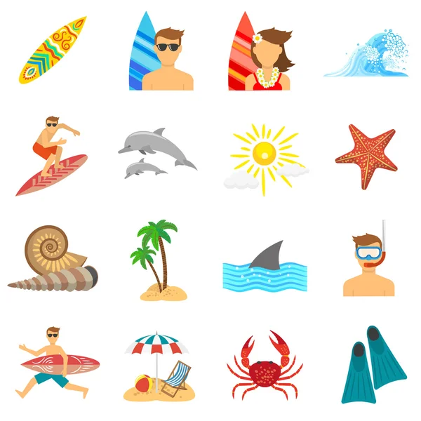 Surfing Icons Flat Set — Stockvector