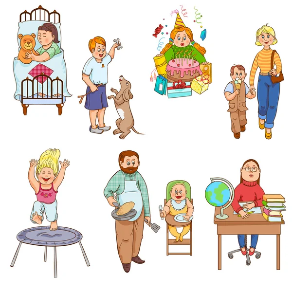 Genitori con bambini collezione di icone dei cartoni animati — Vettoriale Stock