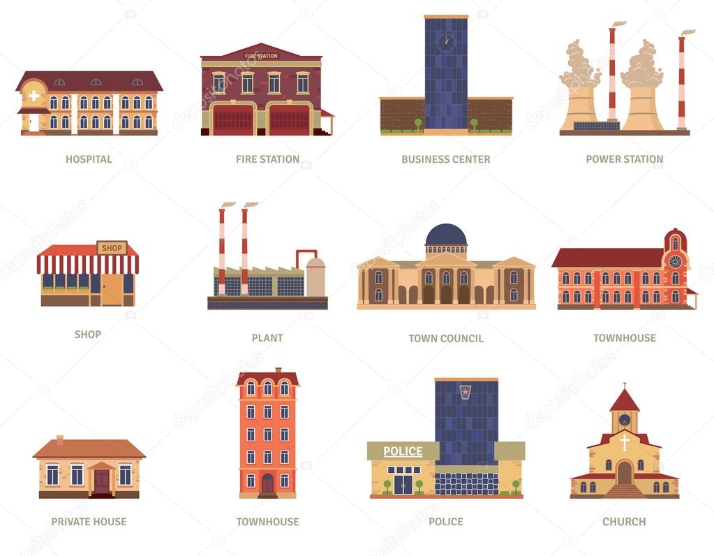 City buildings vintage icons set 