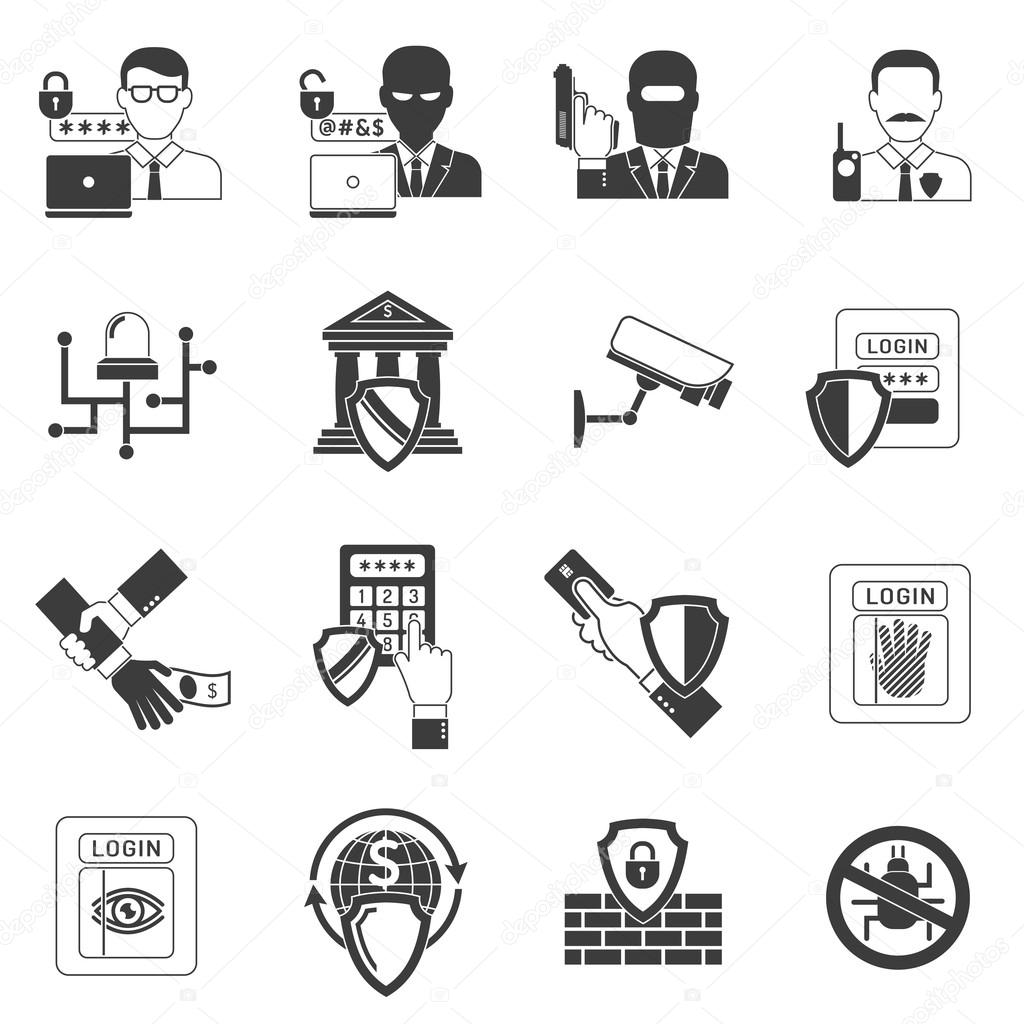 Bank security black icons set