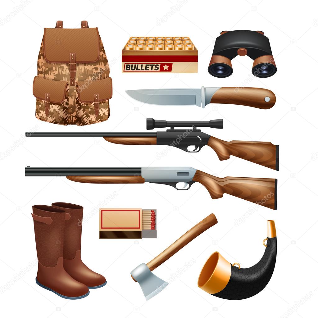 Hunting tackle and equipment icons set