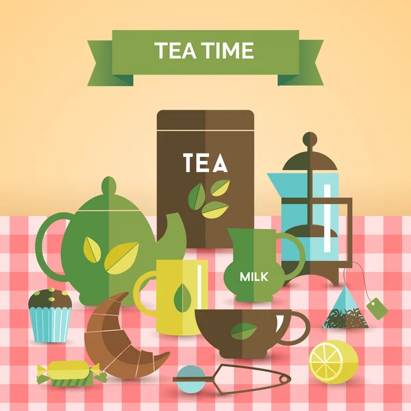 Tea time stampa poster decorativo vintage — Vettoriale Stock