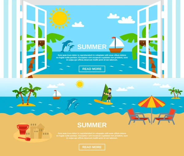 Verão e praia Banners Set — Vetor de Stock